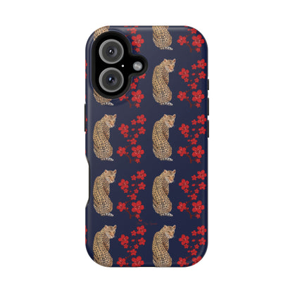 Crimson Jungle Magnetic iPhone Case featuring a leopard surrounded by vibrant red cherry blossoms on a navy blue background.