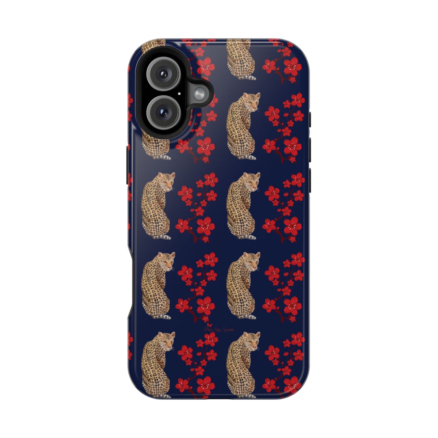 Crimson Jungle Magnetic iPhone Case featuring a leopard surrounded by vibrant red cherry blossoms on a navy blue background.