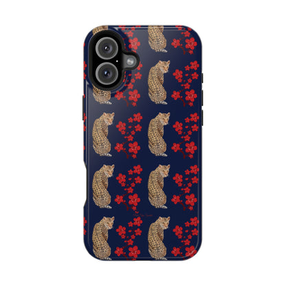 Crimson Jungle Magnetic iPhone Case featuring a leopard surrounded by vibrant red cherry blossoms on a navy blue background.