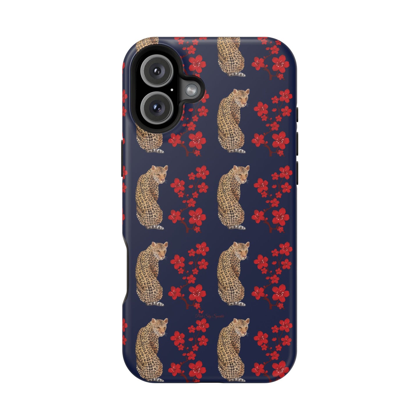 Crimson Jungle Magnetic iPhone Case featuring a leopard surrounded by vibrant red cherry blossoms on a navy blue background.