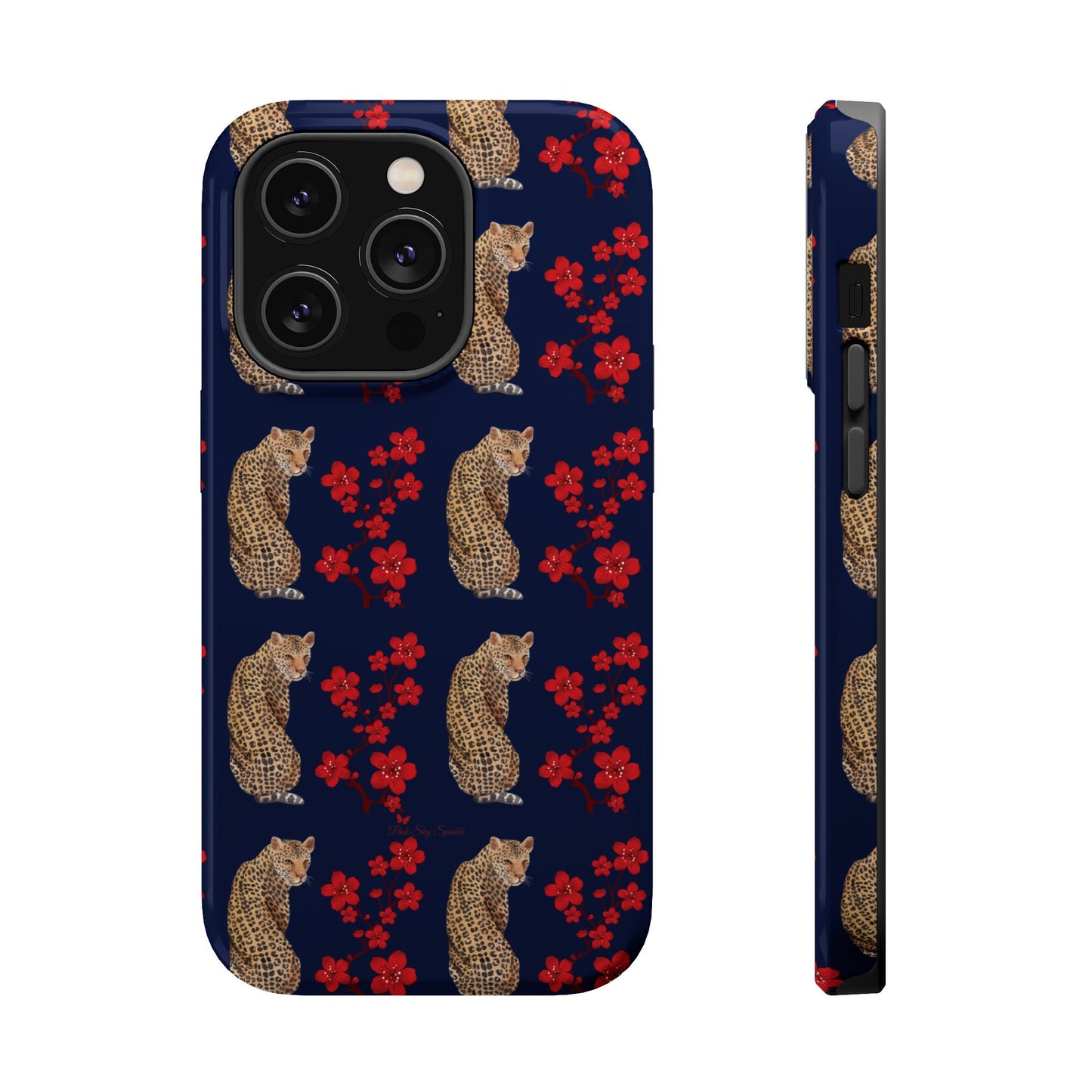 Crimson Jungle Magnetic iPhone Case featuring a leopard surrounded by vibrant red cherry blossoms on a navy blue background.