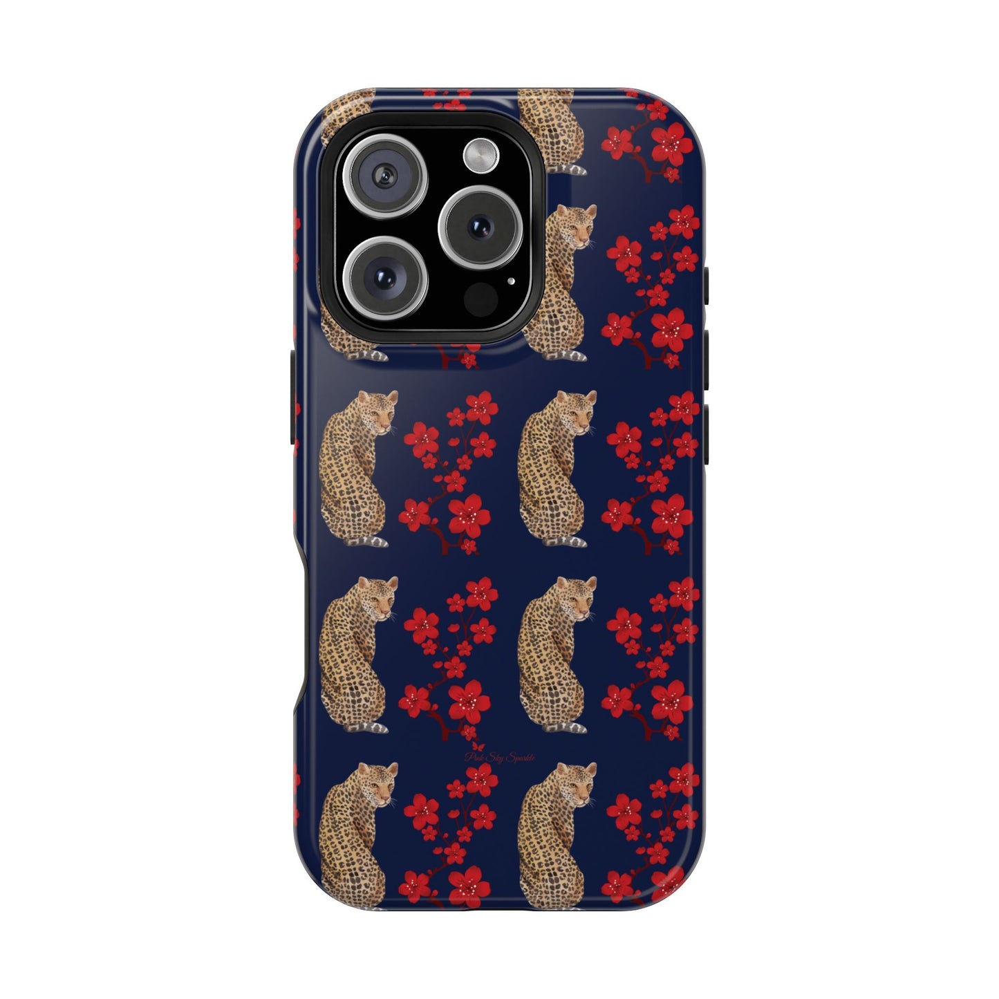 Crimson Jungle Magnetic iPhone Case featuring a leopard surrounded by vibrant red cherry blossoms on a navy blue background.