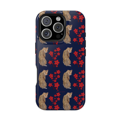 Crimson Jungle Magnetic iPhone Case featuring a leopard surrounded by vibrant red cherry blossoms on a navy blue background.