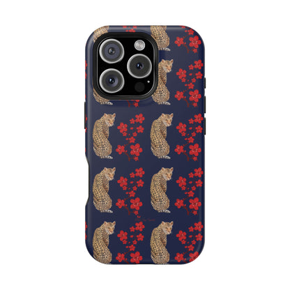 Crimson Jungle Magnetic iPhone Case featuring a leopard surrounded by vibrant red cherry blossoms on a navy blue background.