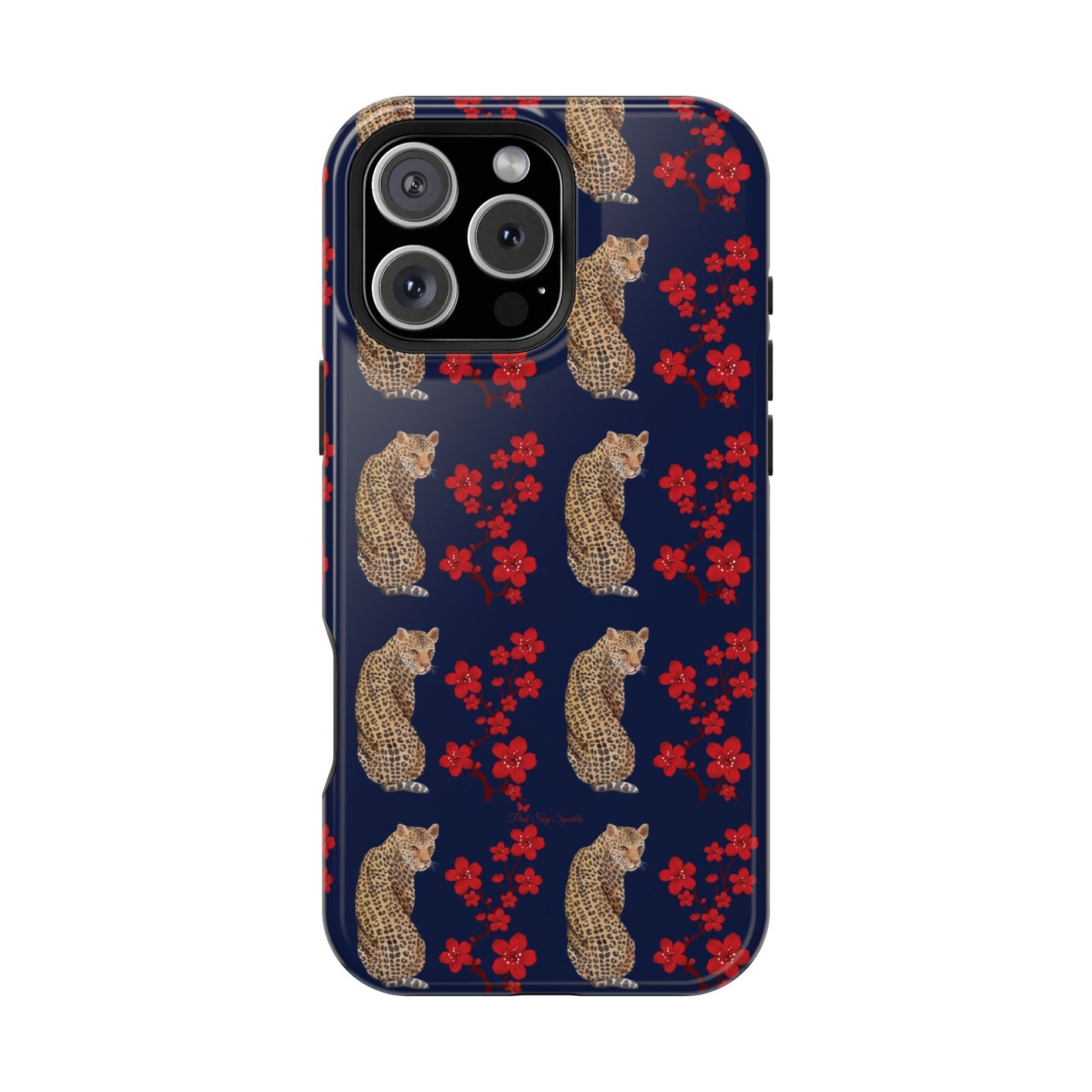 Crimson Jungle Magnetic iPhone Case featuring a leopard surrounded by vibrant red cherry blossoms on a navy blue background.