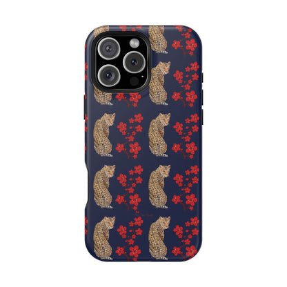 Crimson Jungle Magnetic iPhone Case featuring a leopard surrounded by vibrant red cherry blossoms on a navy blue background.