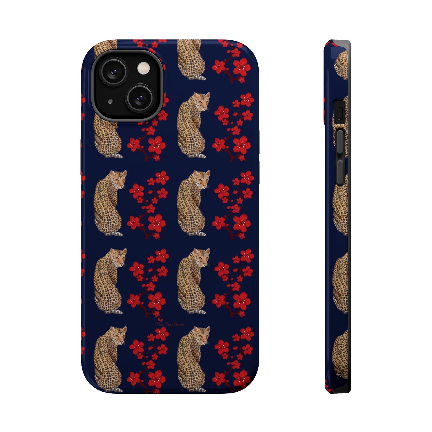 Crimson Jungle Magnetic iPhone Case featuring a leopard surrounded by vibrant red cherry blossoms on a navy blue background.