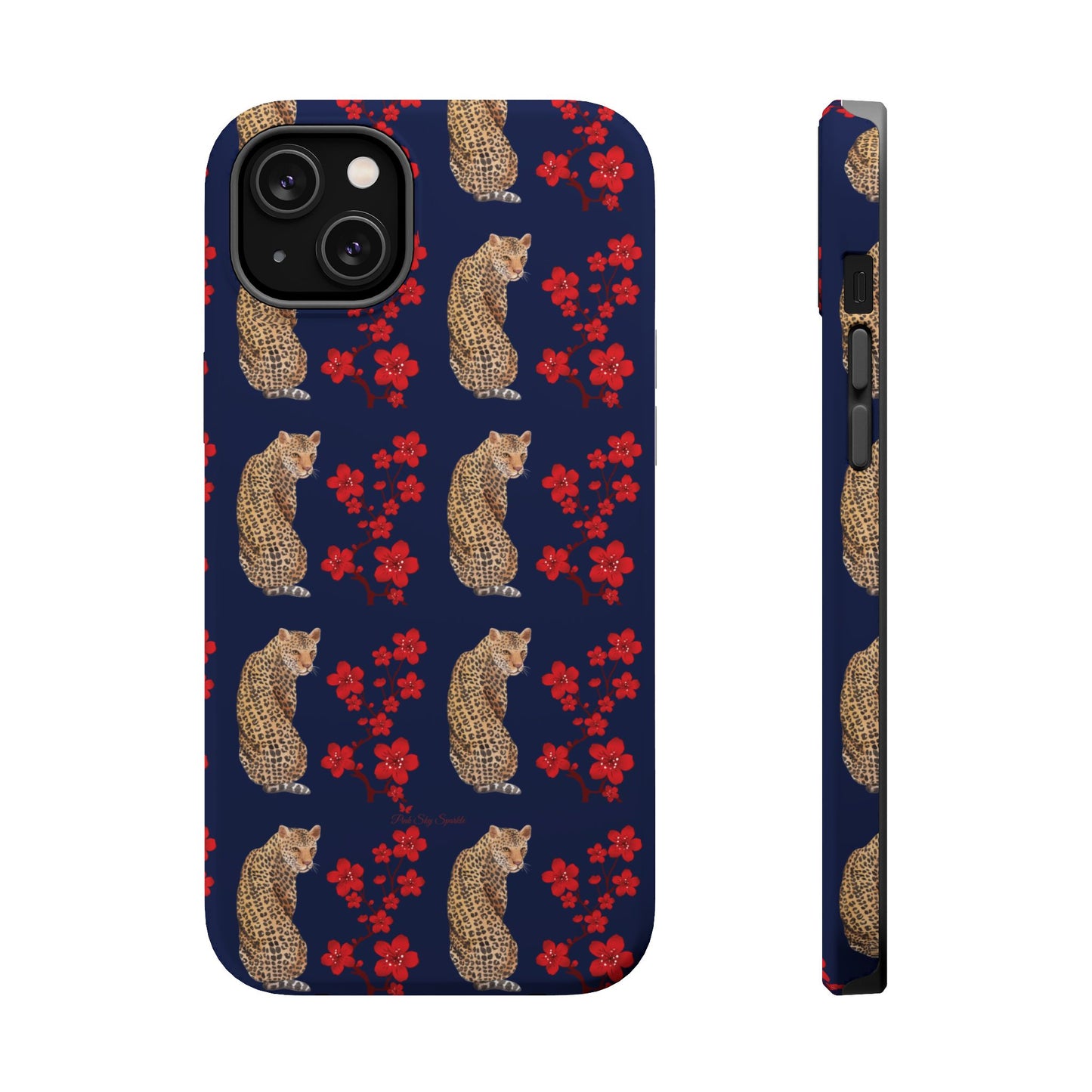 Crimson Jungle Magnetic iPhone Case featuring a leopard surrounded by vibrant red cherry blossoms on a navy blue background.