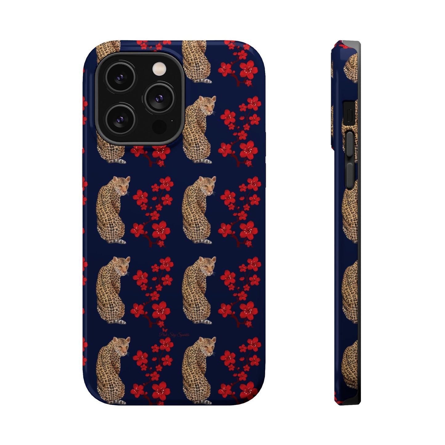 Crimson Jungle Magnetic iPhone Case featuring a leopard surrounded by vibrant red cherry blossoms on a navy blue background.