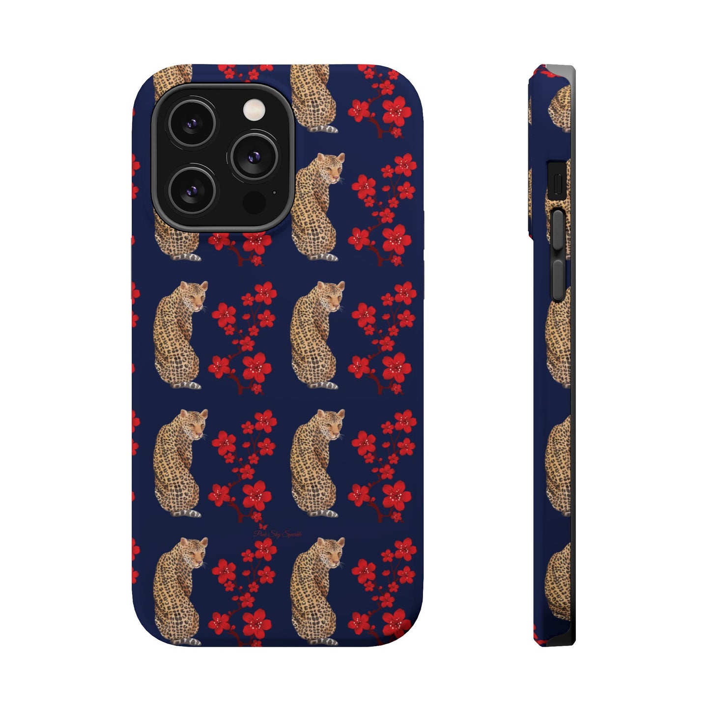 Crimson Jungle Magnetic iPhone Case featuring a leopard surrounded by vibrant red cherry blossoms on a navy blue background.