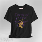 Embrace the excitement of a new era with our End of a Decade, Start of an Age T-shirt, inspired by Taylor Swift's iconic lyrics. Featuring the words It was the end of a decade, But the start of an age in a purple marker script font with a gold silhouette of a woman wearing a crown.