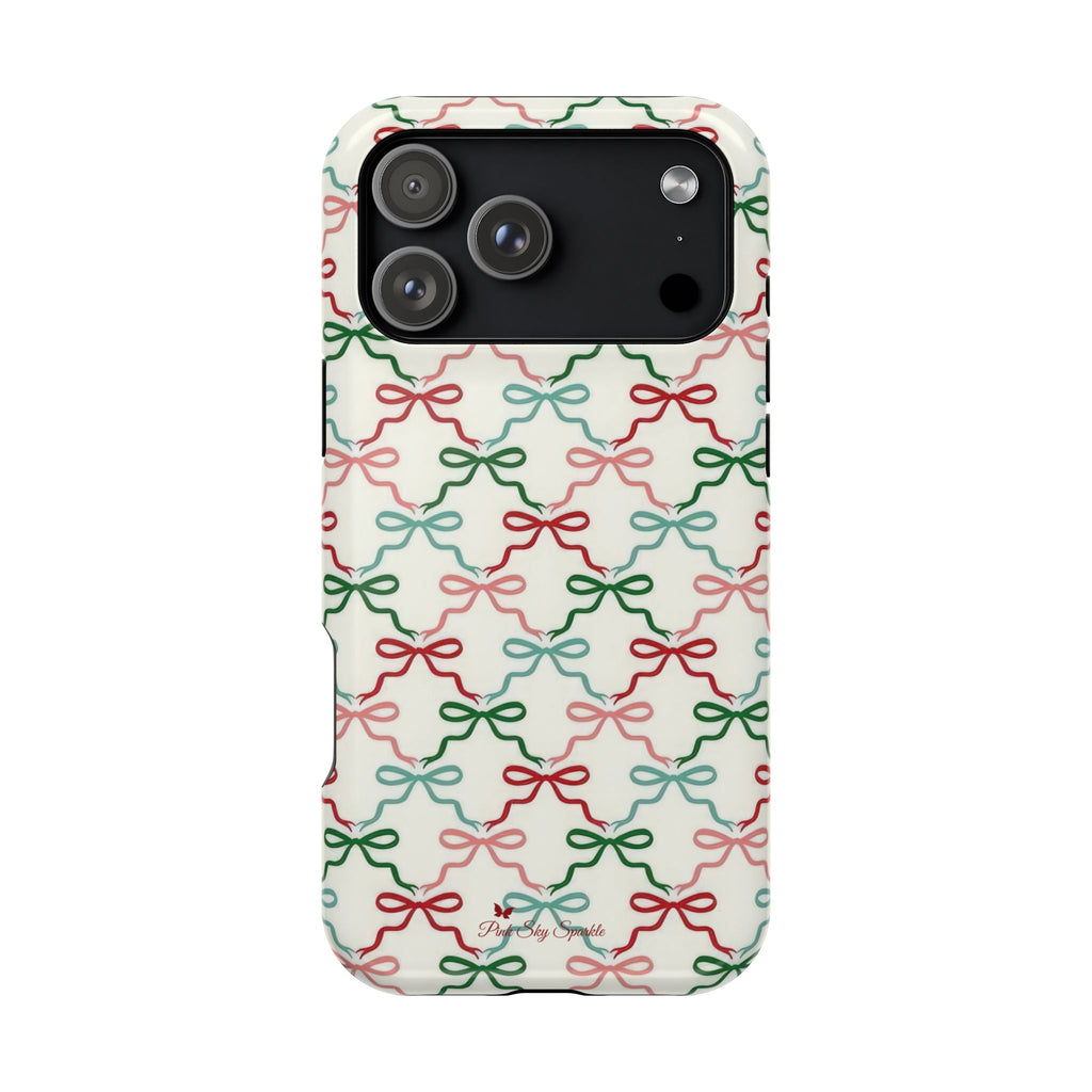 Phone case with colorful bow pattern on a white background