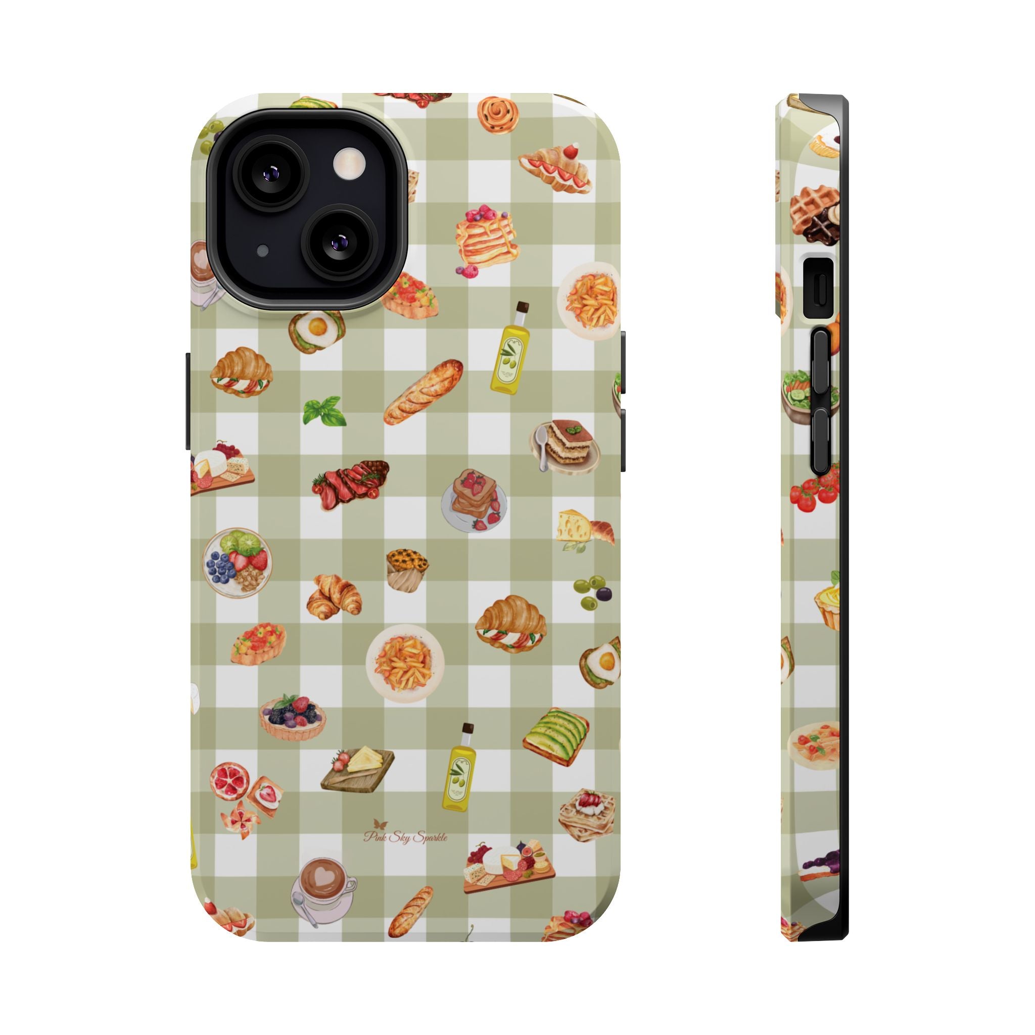 Phone case with food-themed design on a checkered background