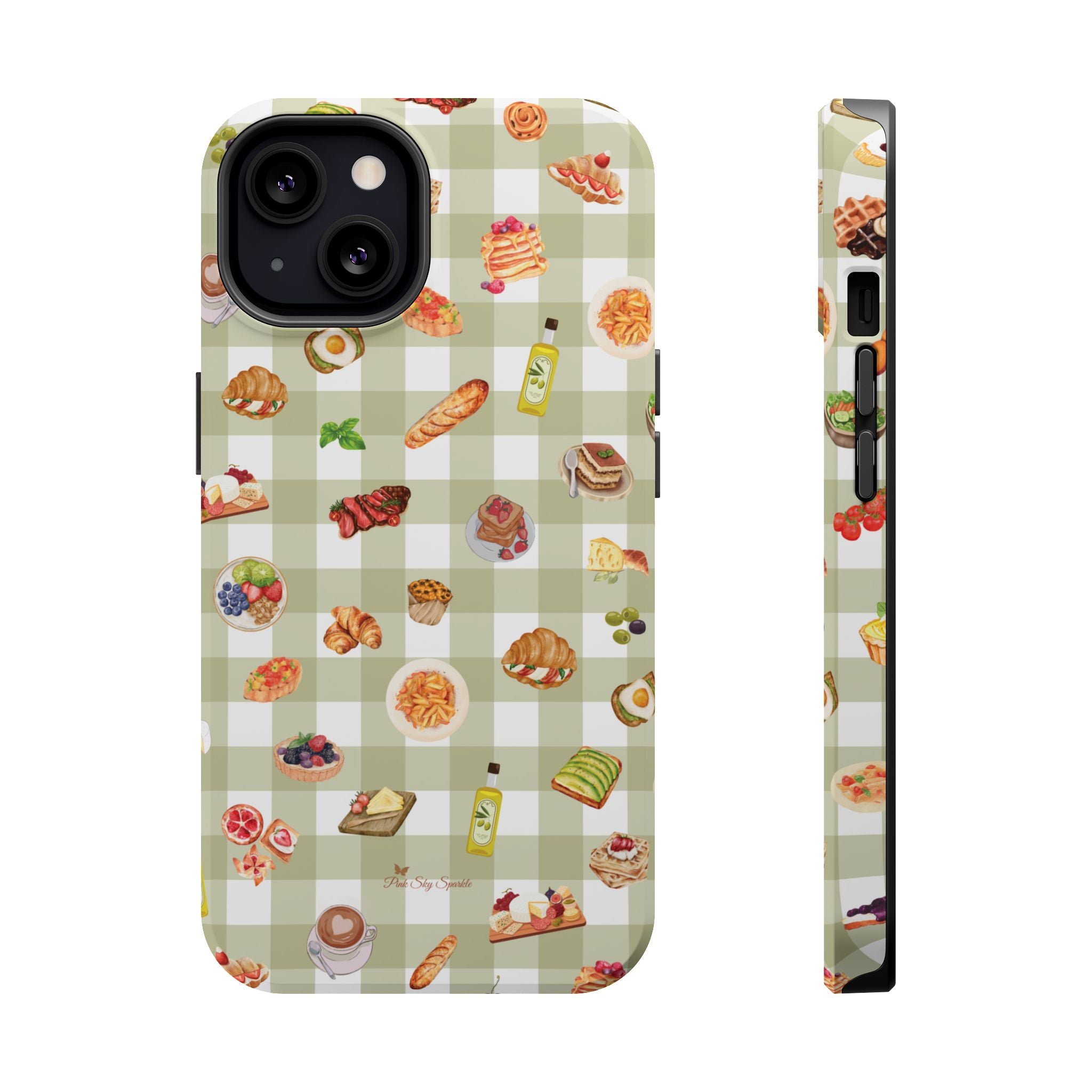 Phone case with food-themed design on a green checkered background
