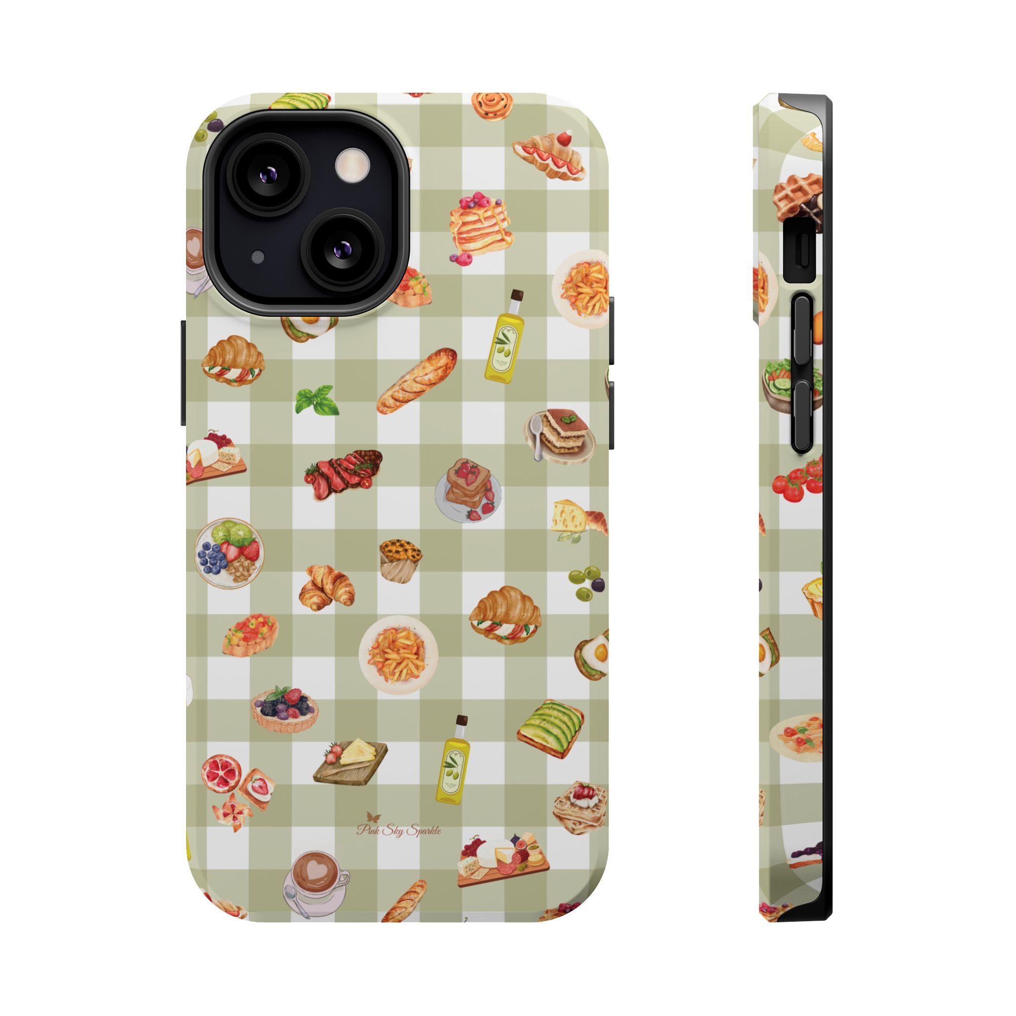Phone case with food-themed design on a green checkered background