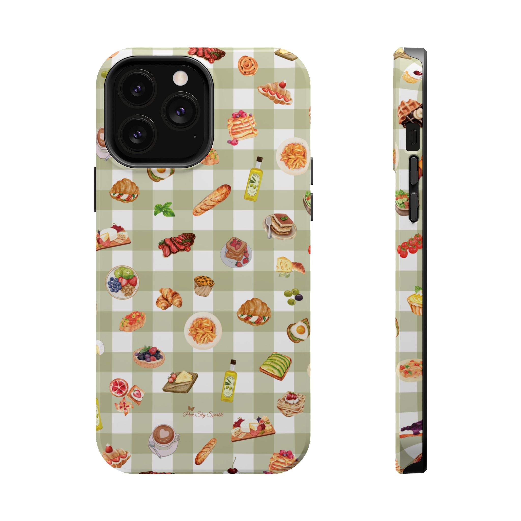 Phone case with food-themed pattern on a green checkered background