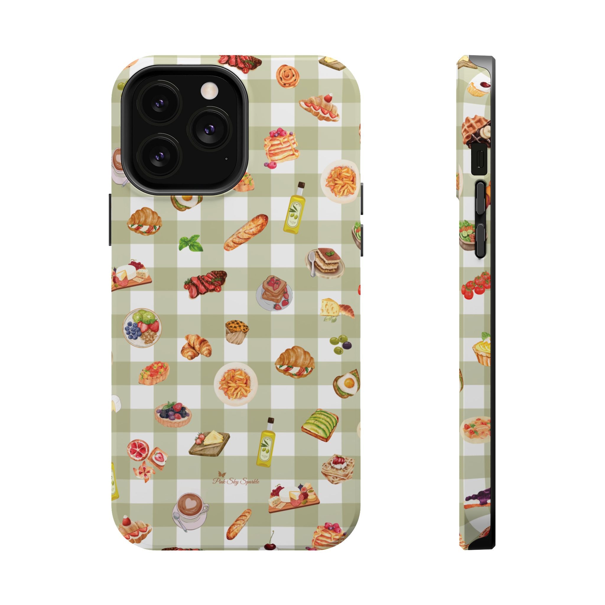 Phone case with food-themed pattern on a green checkered background