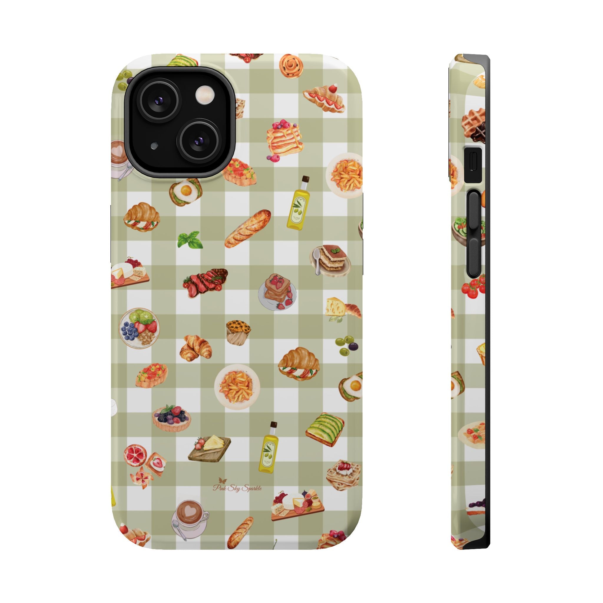 Phone case with food-themed design on a green checkered background