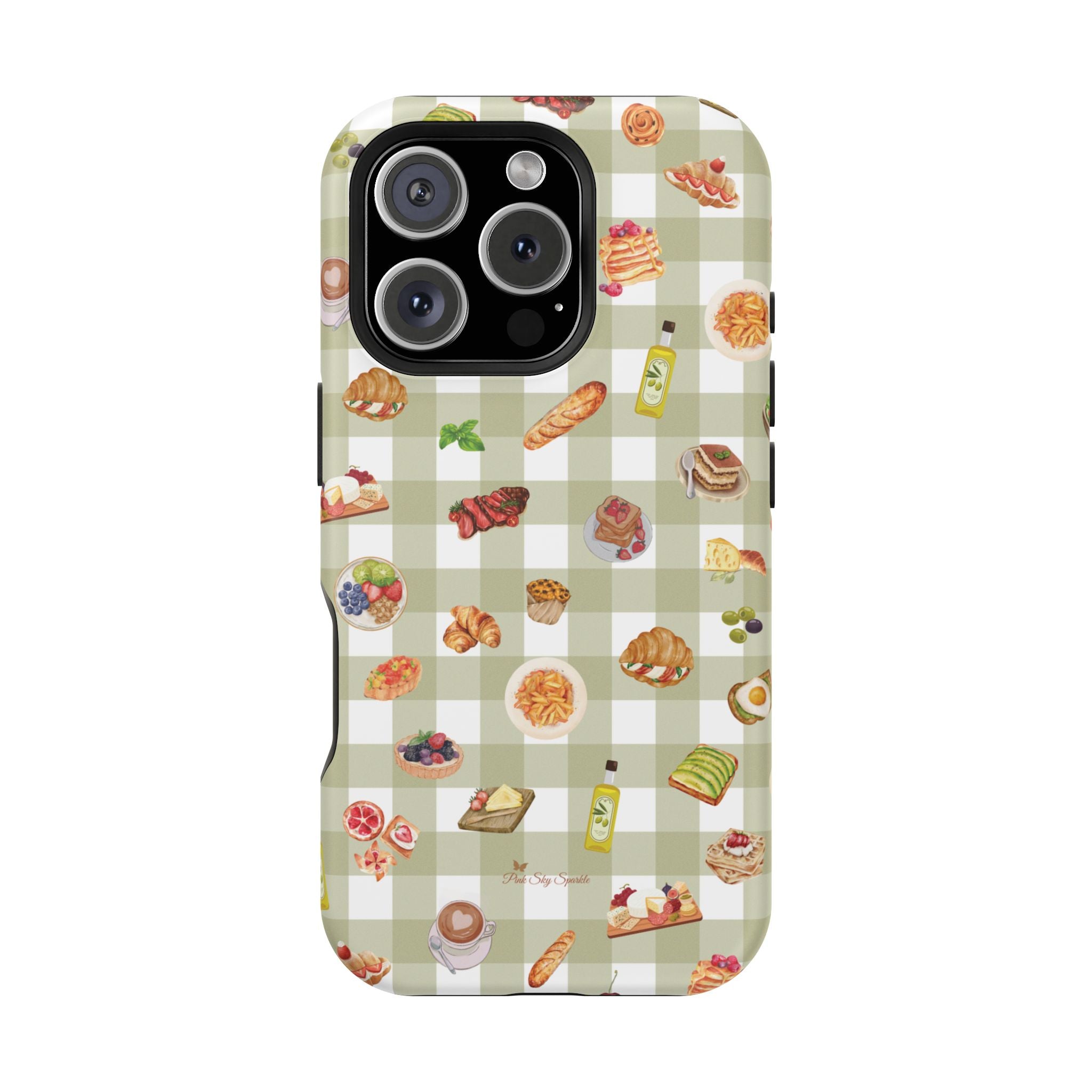 Phone case with food illustrations on a green and white checkered background