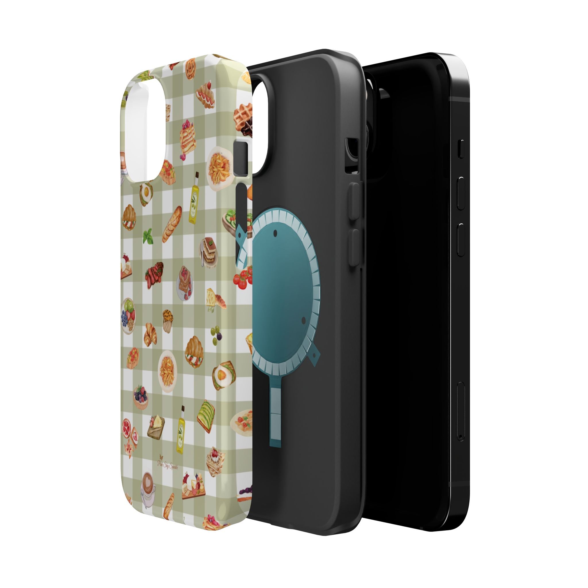 Two phone cases, one with a food-themed pattern and the other black, on a white background.