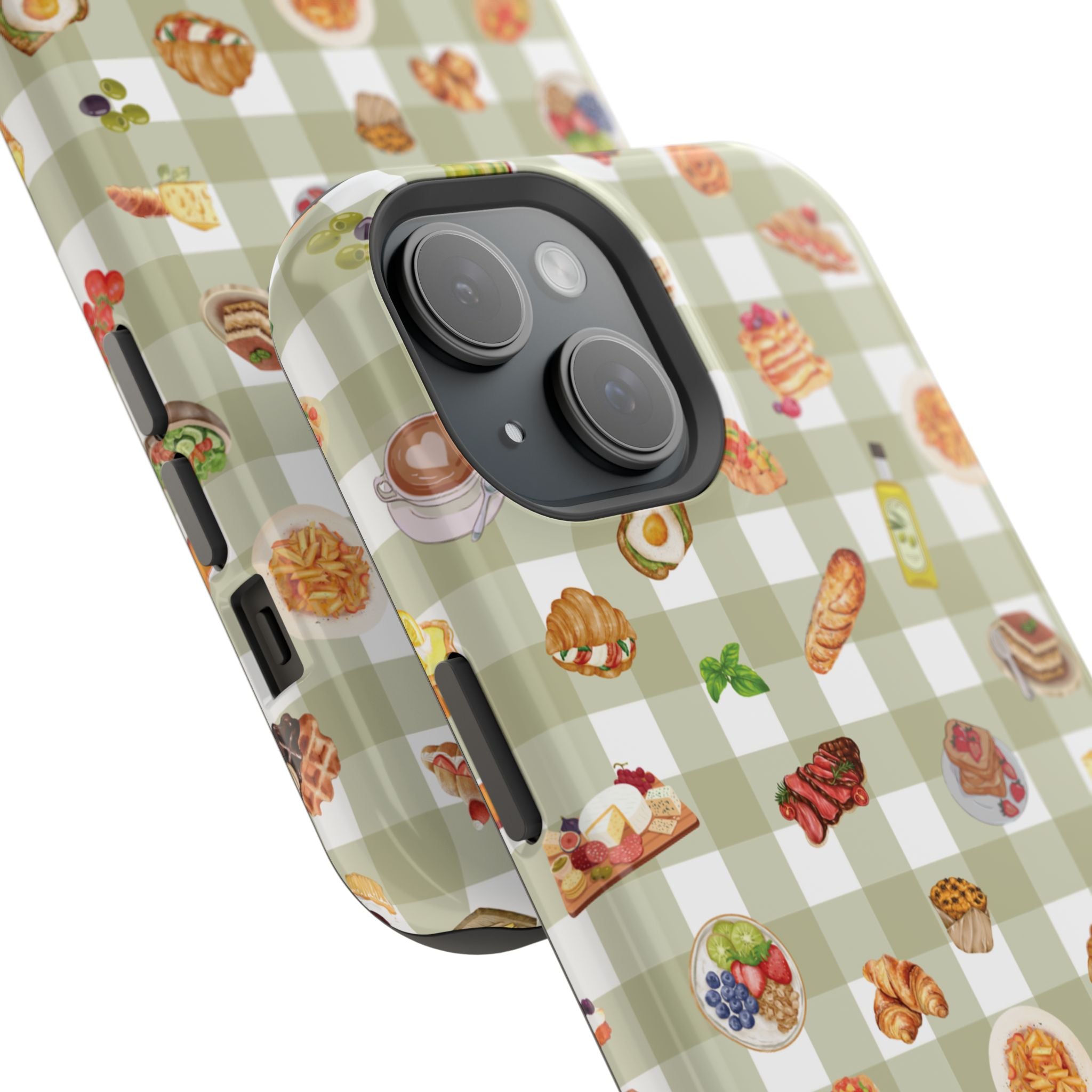 Phone case with food-themed pattern on a checkered background