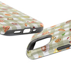 Phone case with food-themed pattern on a checkered background