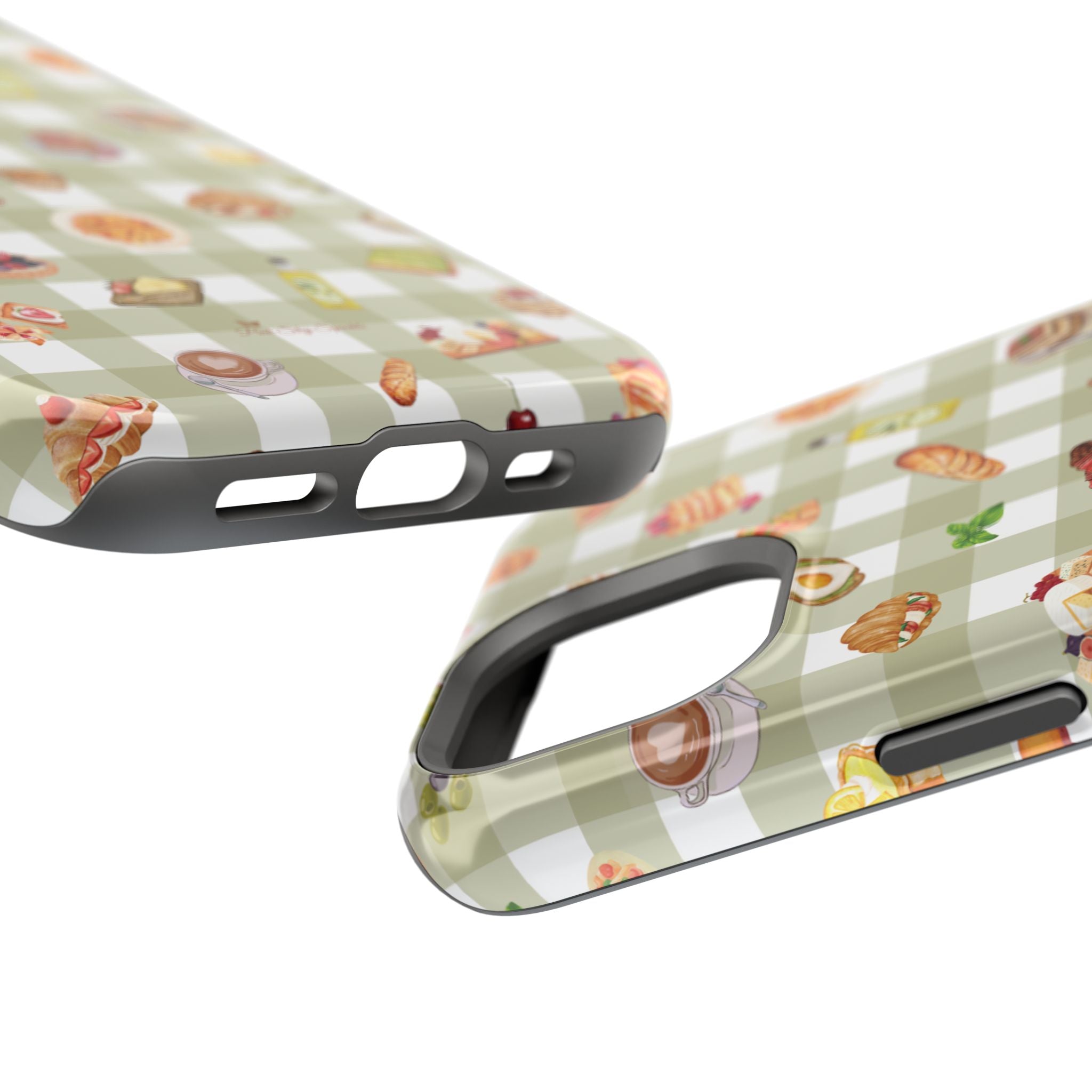 Phone case with food-themed pattern on a checkered background
