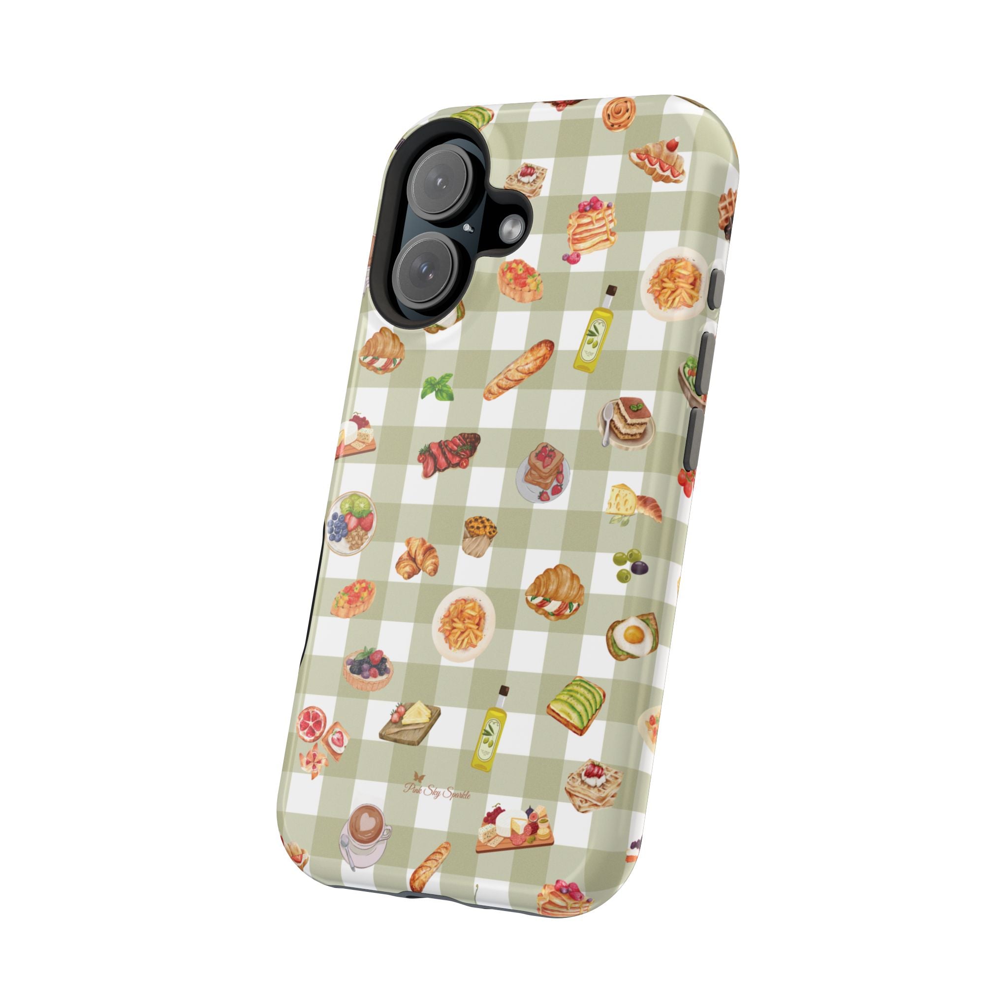 Phone case with food-themed design on a checkered background