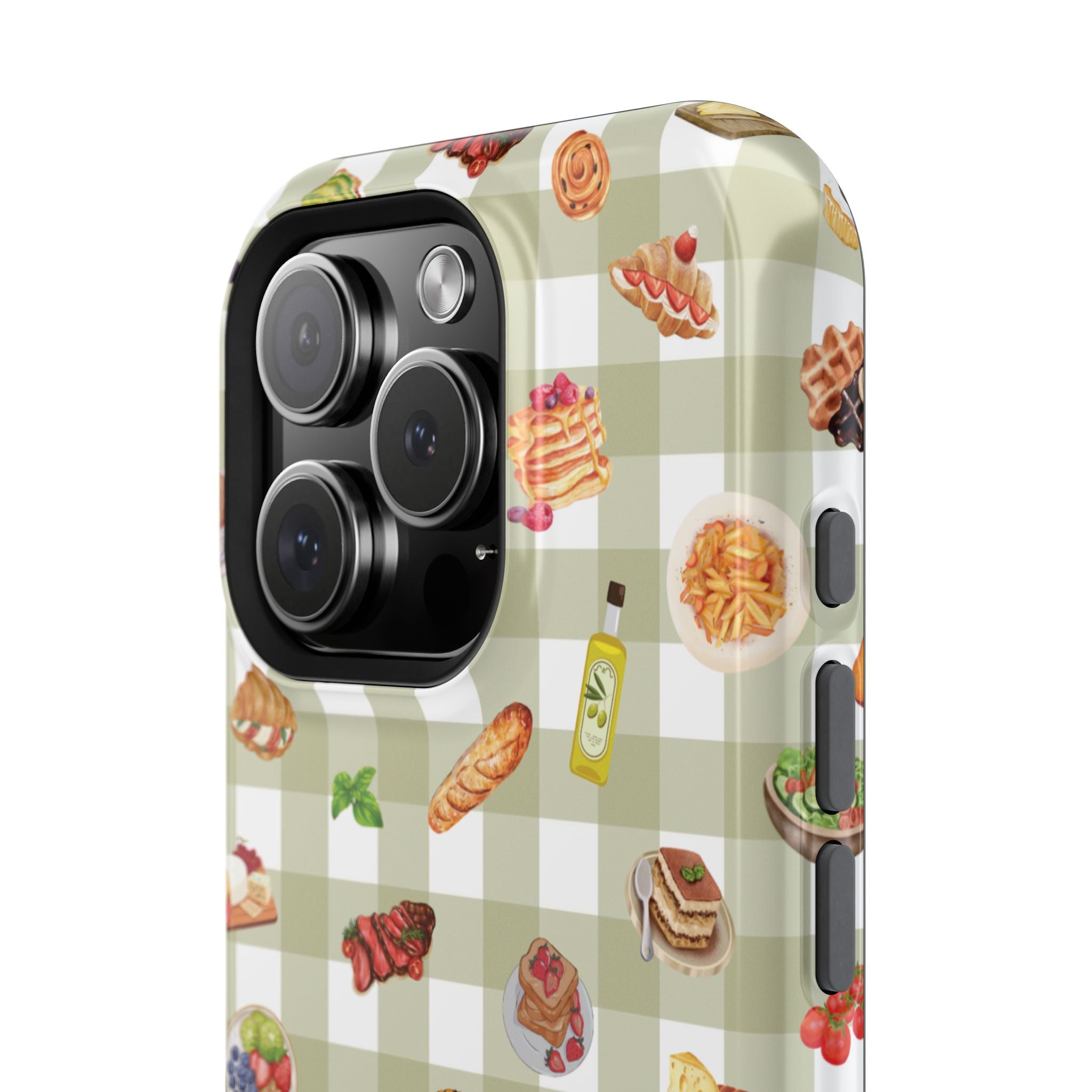Phone case with food-themed design on a checkered background