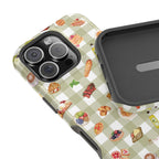 Phone case with food-themed design on a checkered background