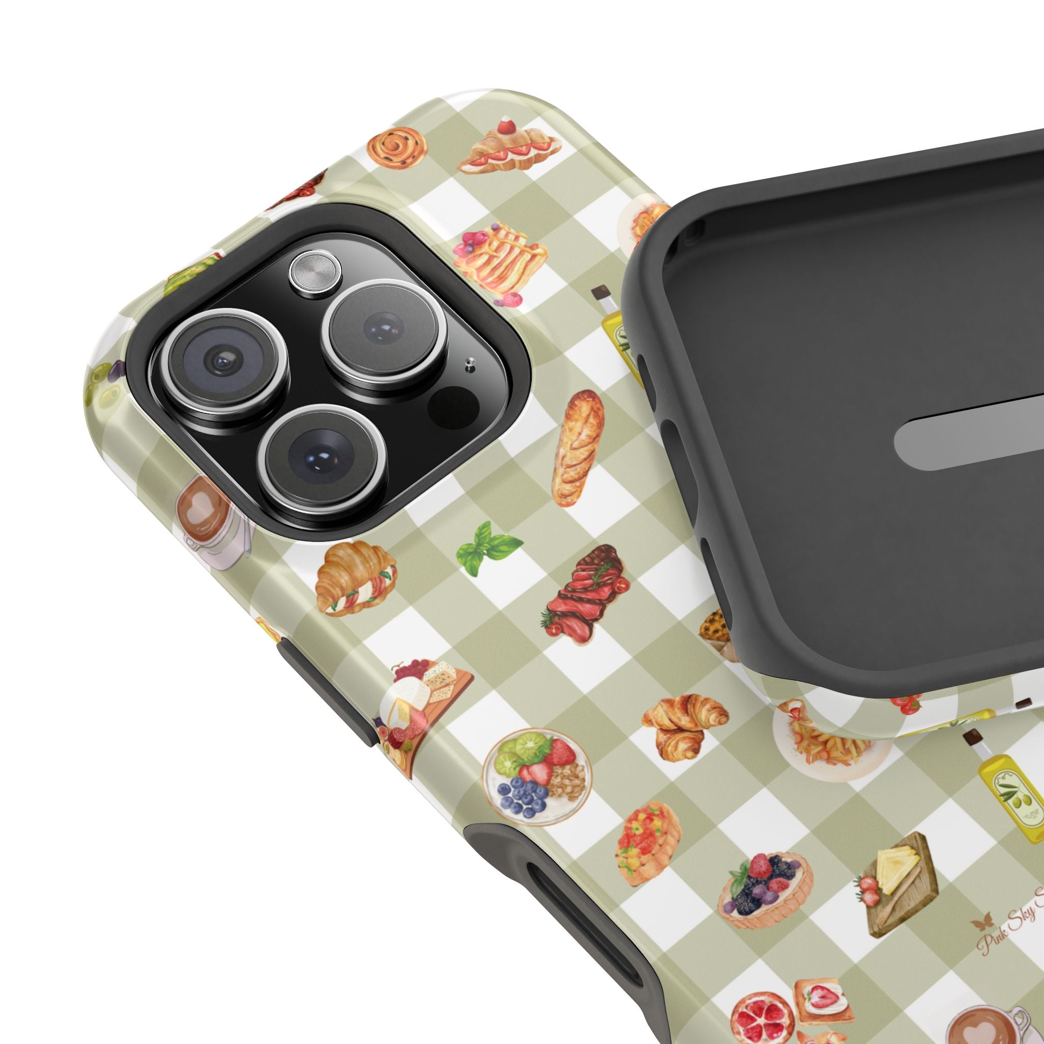 Phone case with food-themed design on a checkered background
