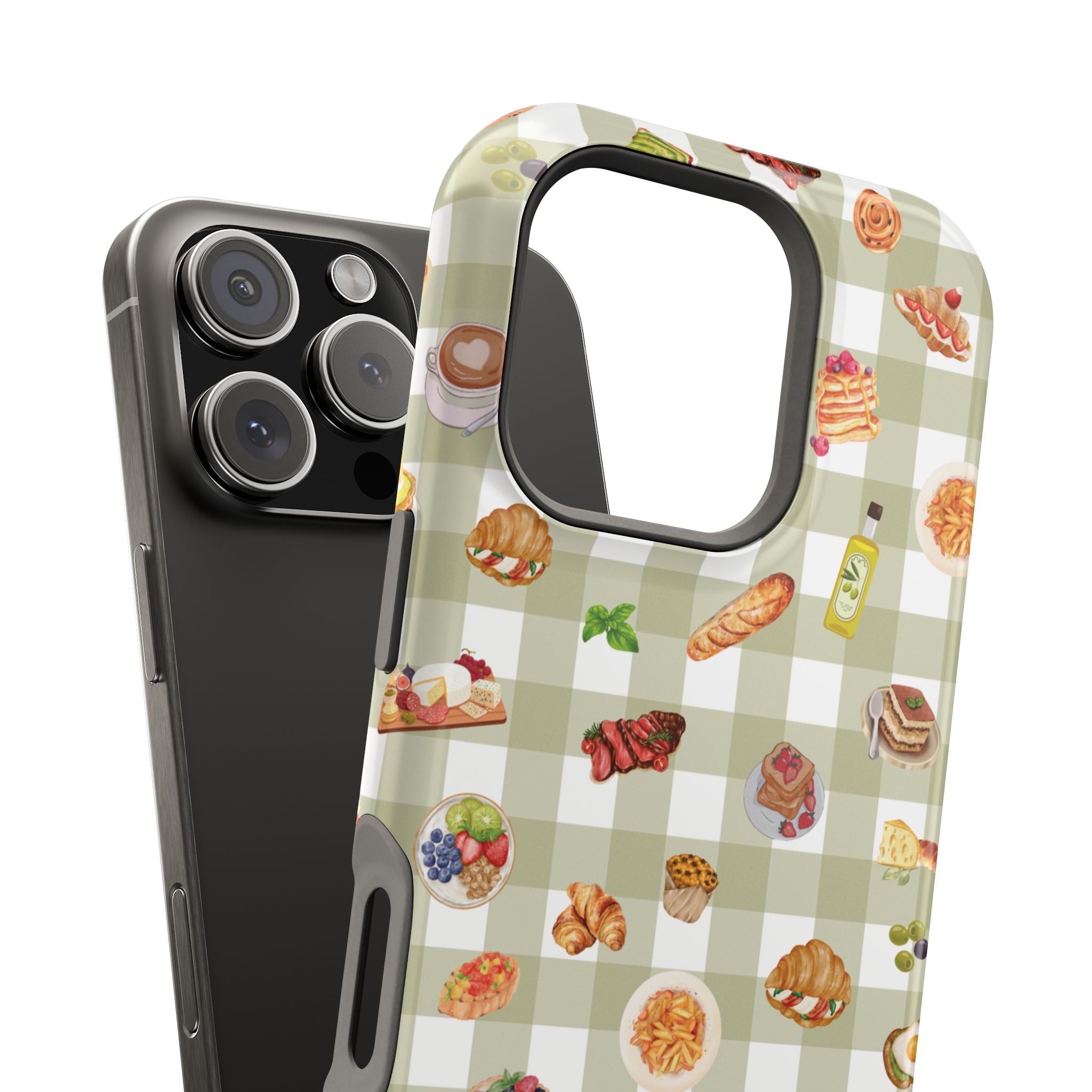 Phone case with food-themed design on a checkered background