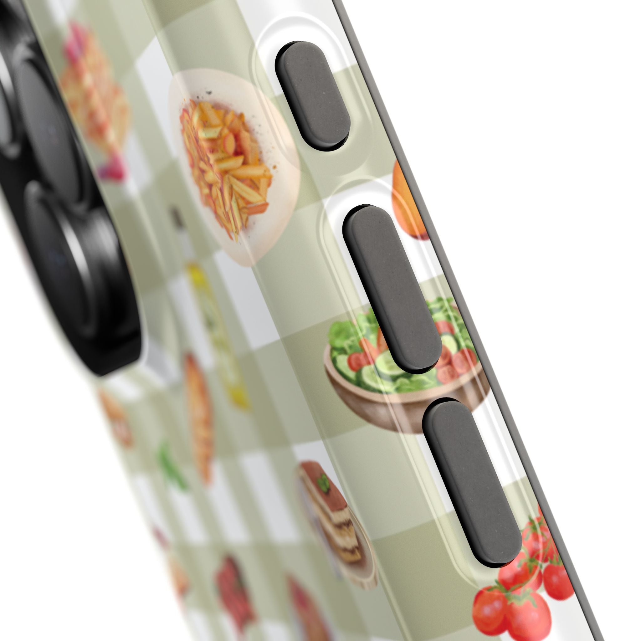 Phone case with food illustrations on a light green background