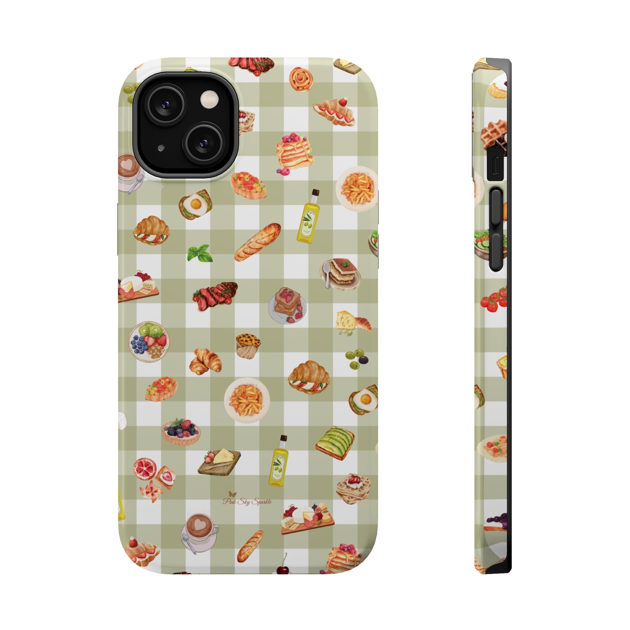 Phone case with food-themed design on a green checkered background