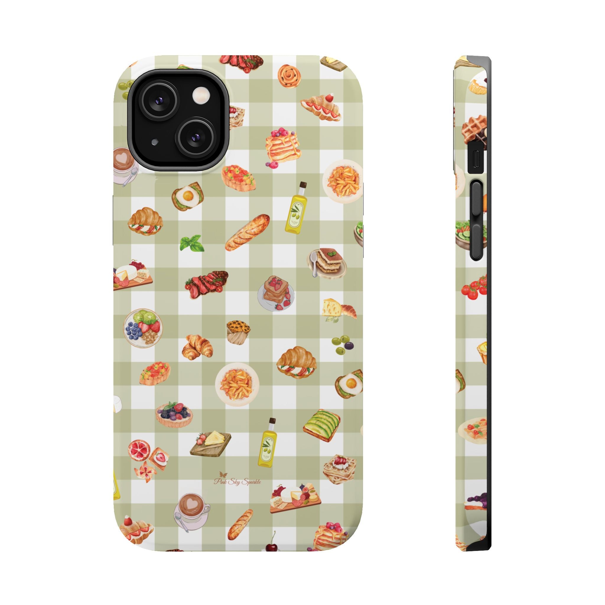 Phone case with food-themed design on a green checkered background