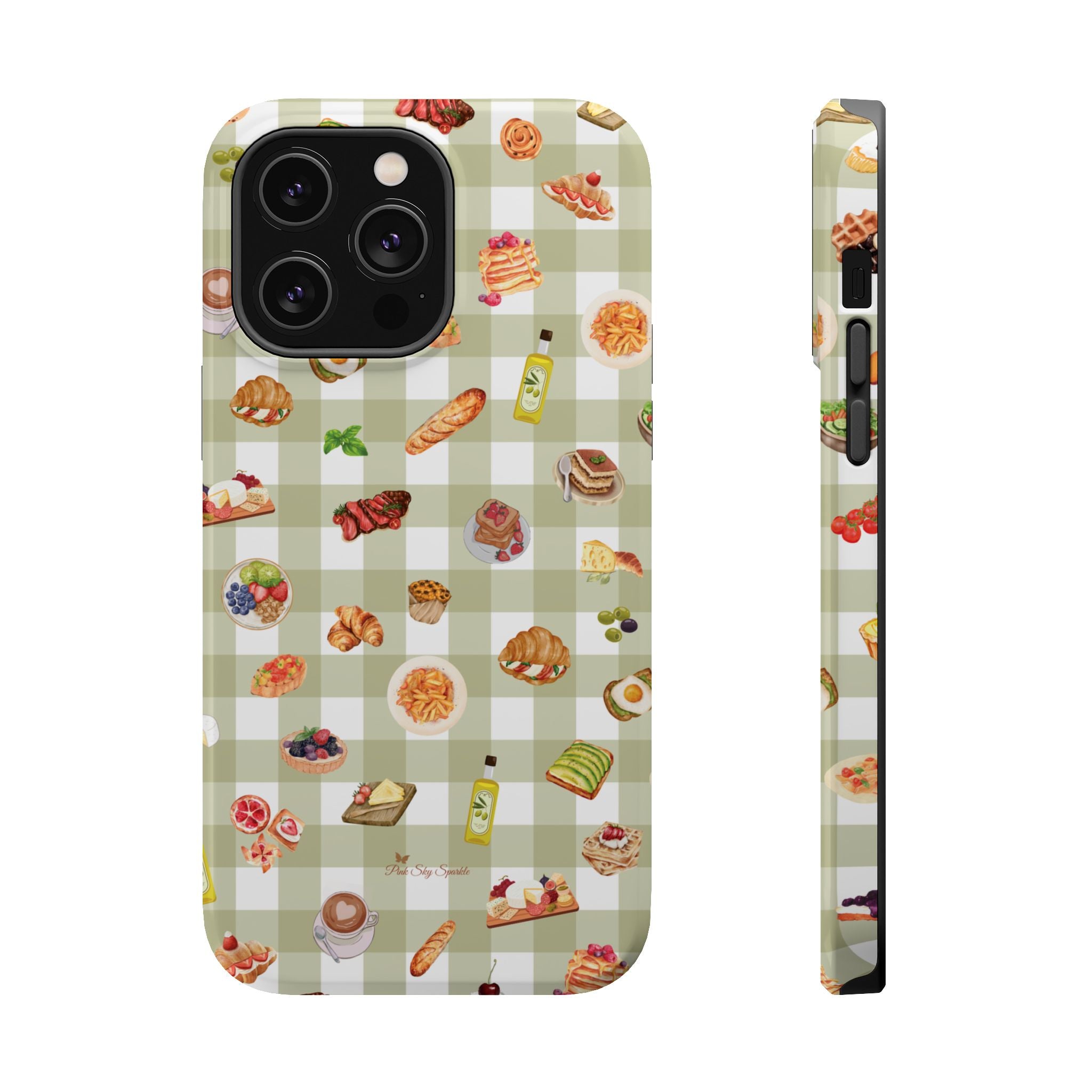 Phone case with food-themed pattern on a green checkered background