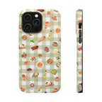 Phone case with food-themed pattern on a green checkered background