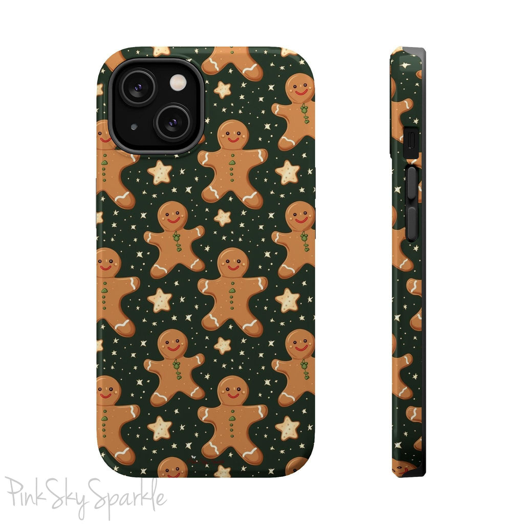 Gingerbread Dreams Magnetic iPhone Case featuring whimsical gingerbread cookies and a festive holiday design in warm, cozy colors. Compatible with iPhone models 13, 14, 15, and 16, this durable case is both stylish and protective, perfect for spreading holiday cheer.