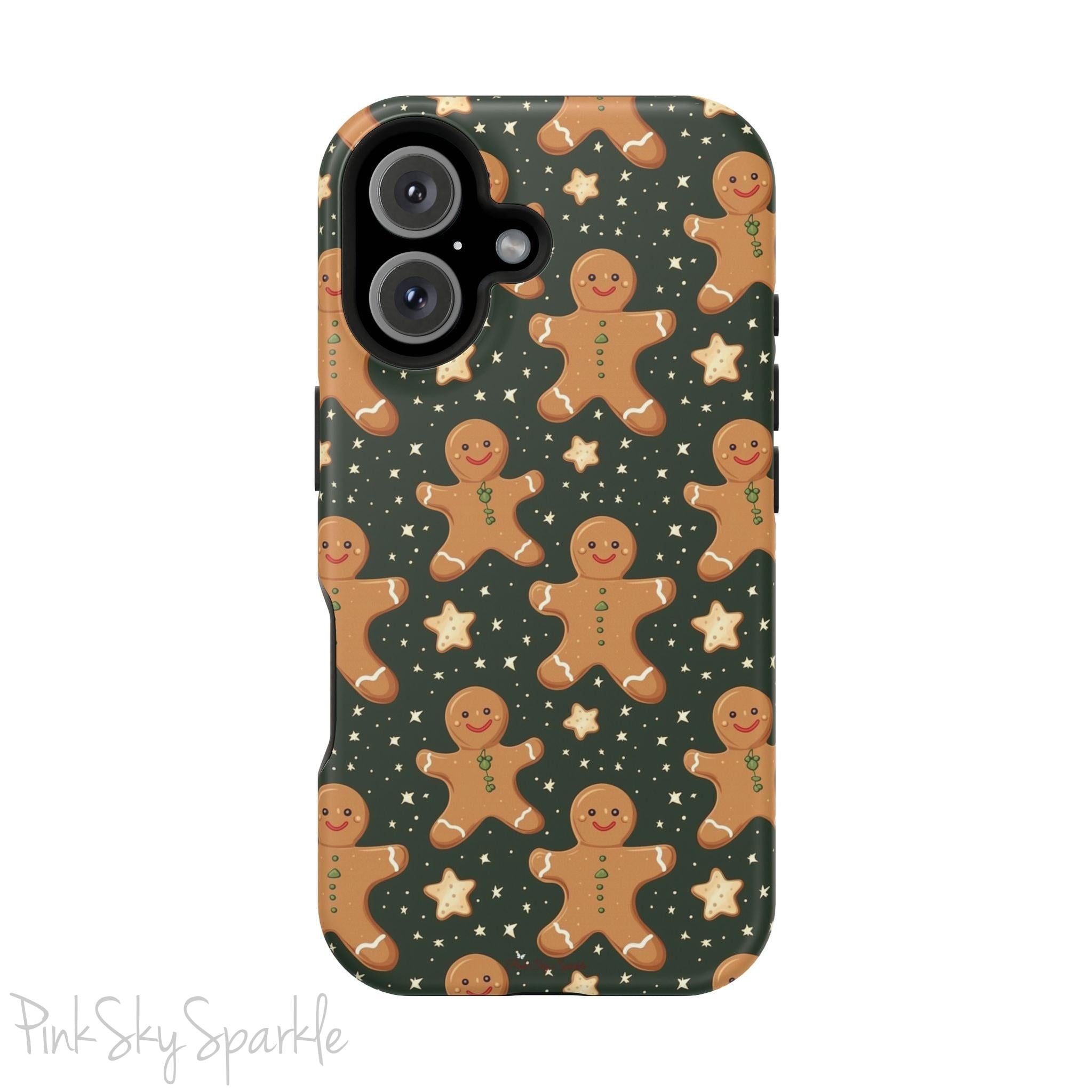 Gingerbread Dreams Magnetic iPhone Case featuring whimsical gingerbread cookies and a festive holiday design in warm, cozy colors. Compatible with iPhone models 13, 14, 15, and 16, this durable case is both stylish and protective, perfect for spreading holiday cheer.