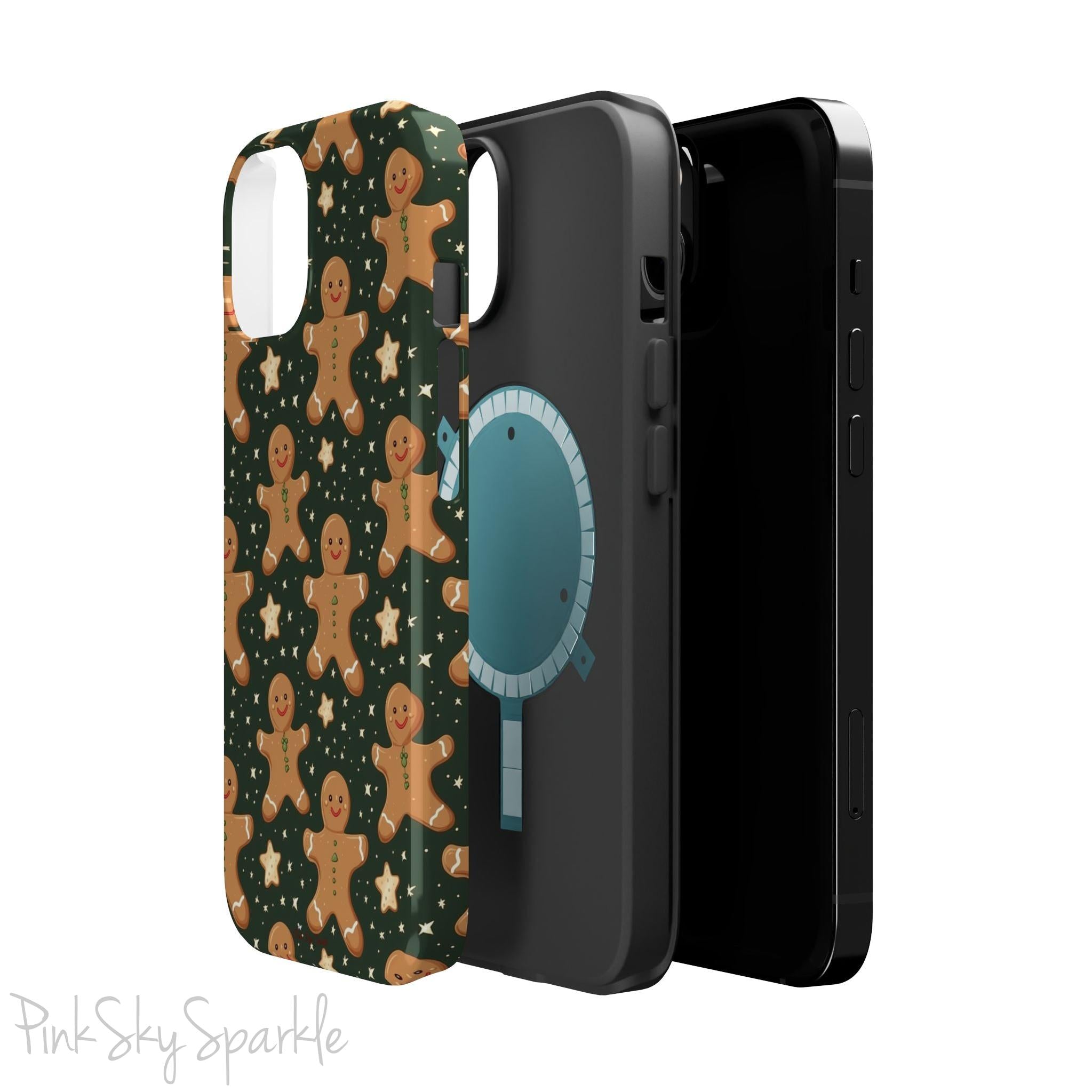 Gingerbread Dreams Magnetic iPhone Case featuring whimsical gingerbread cookies and a festive holiday design in warm, cozy colors. Compatible with iPhone models 13, 14, 15, and 16, this durable case is both stylish and protective, perfect for spreading holiday cheer.