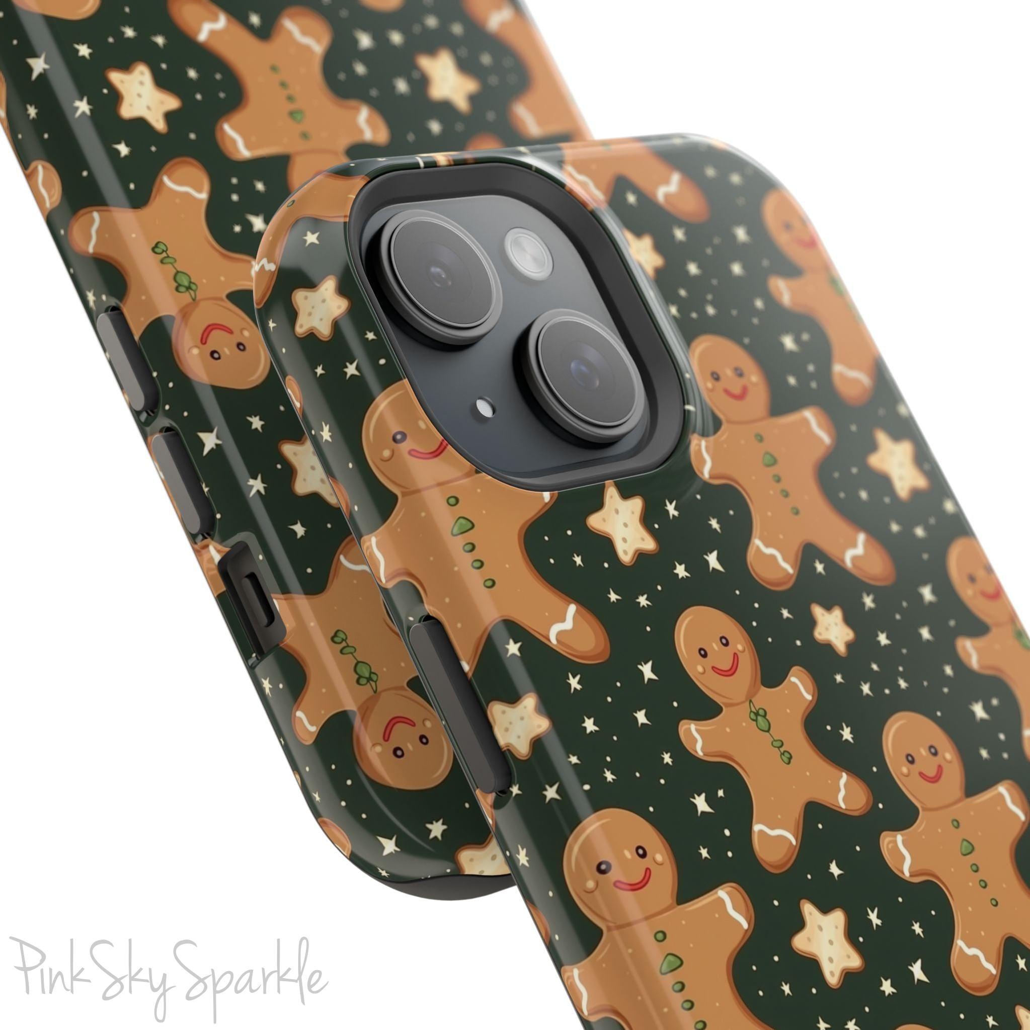 Gingerbread Dreams Magnetic iPhone Case featuring whimsical gingerbread cookies and a festive holiday design in warm, cozy colors. Compatible with iPhone models 13, 14, 15, and 16, this durable case is both stylish and protective, perfect for spreading holiday cheer.