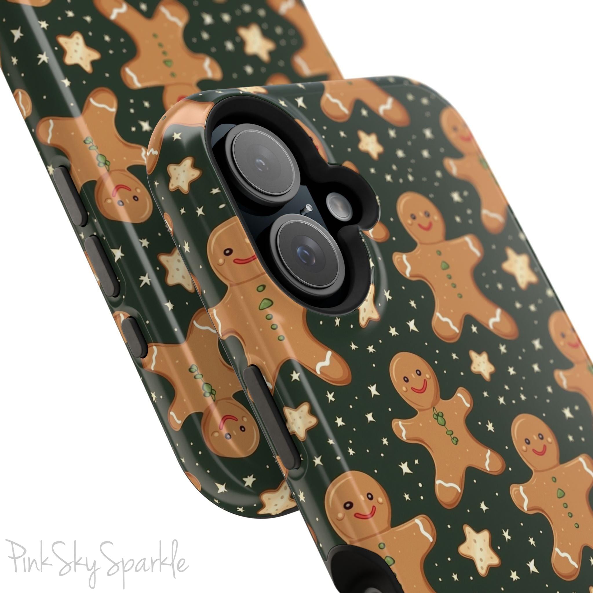 Gingerbread Dreams Magnetic iPhone Case featuring whimsical gingerbread cookies and a festive holiday design in warm, cozy colors. Compatible with iPhone models 13, 14, 15, and 16, this durable case is both stylish and protective, perfect for spreading holiday cheer.