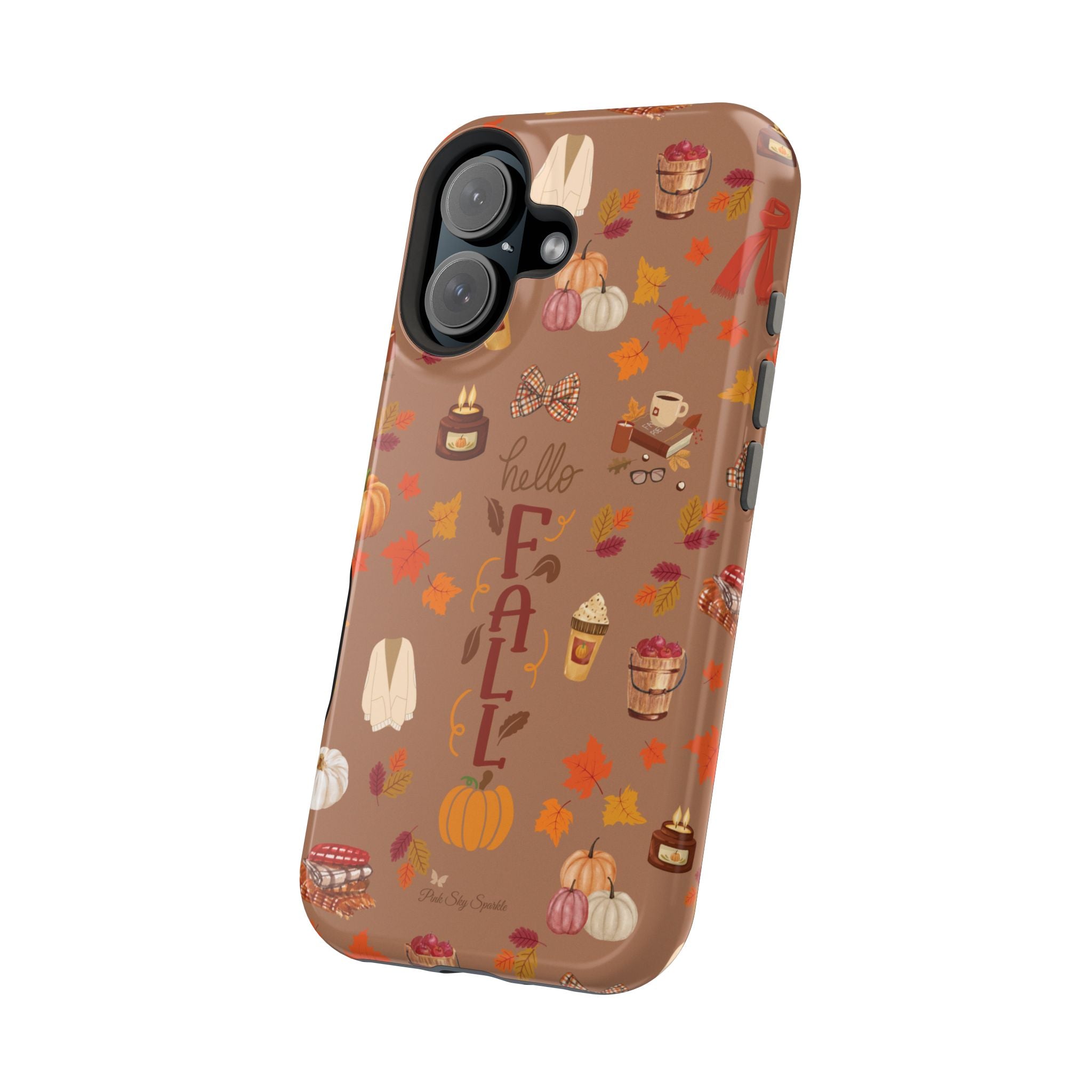 Phone case with autumn-themed design on a white background