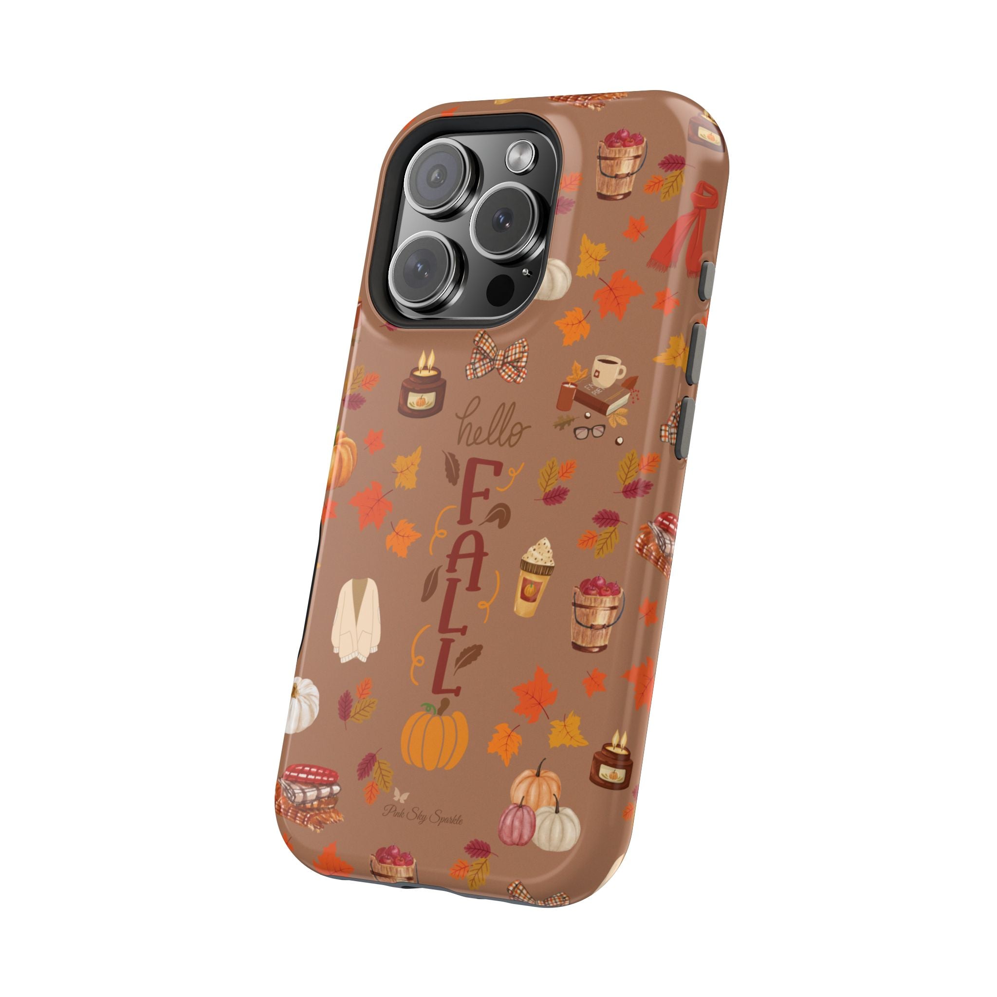 Phone case with autumn-themed design on a white background