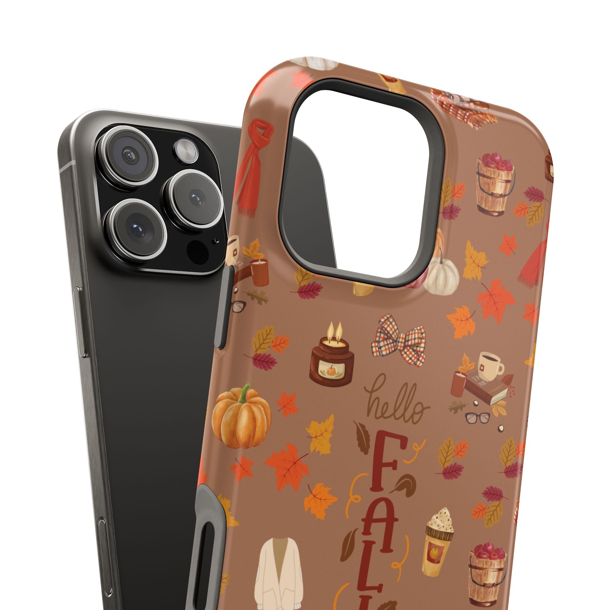 Phone case with autumn-themed design featuring pumpkins, leaves, and text on a brown background.