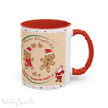 Holiday Gingerbread Coffee Mug featuring a male and female gingerbread cookies next to Santa with giving a thumbs up and the writing The Sugary Ginger Co. written at the top and Santa's favourite cookies at the bottom. The mug has a red handle and red interior. 