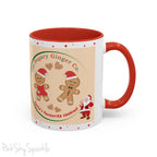 Holiday Gingerbread Coffee Mug featuring a male and female gingerbread cookies next to Santa with giving a thumbs up and the writing The Sugary Ginger Co. written at the top and Santa's favourite cookies at the bottom. The mug has a red handle and red interior. 