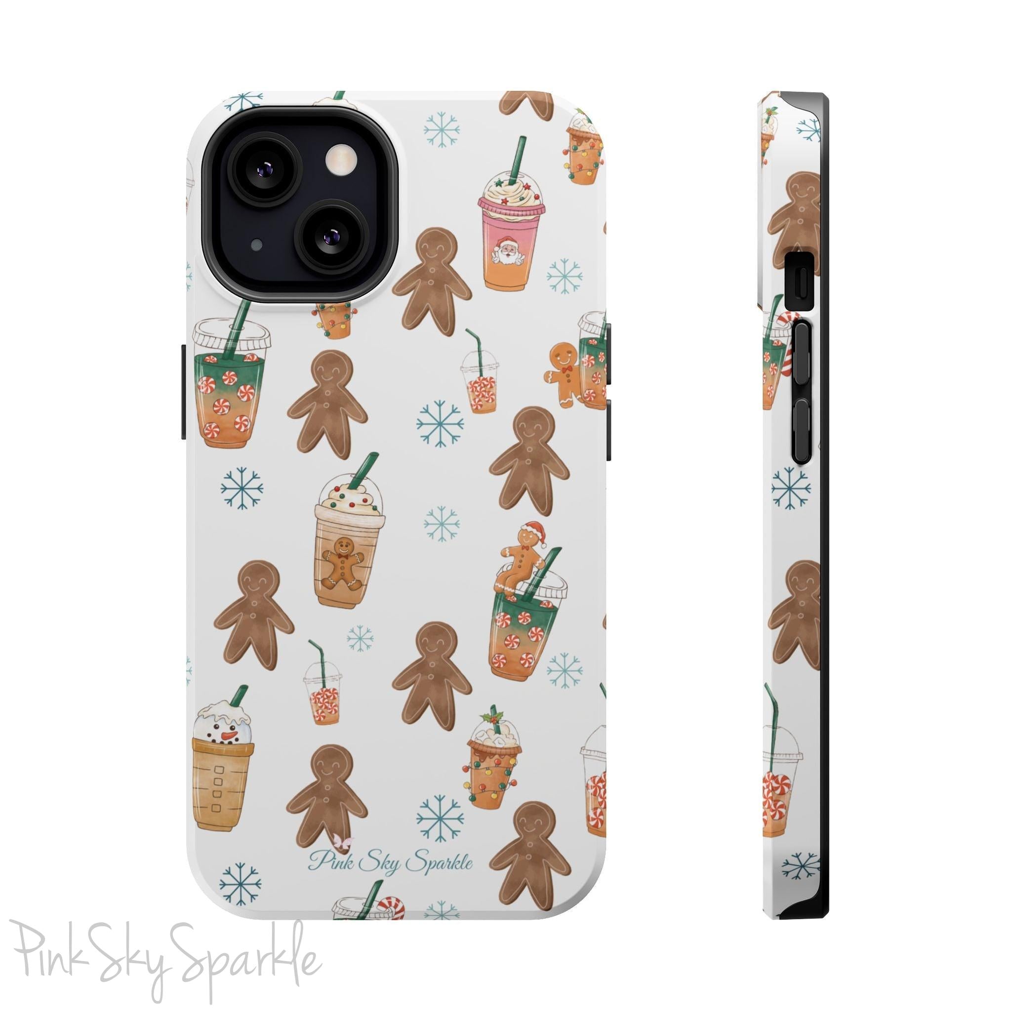 Holiday Sips and Sweets Magnetic iPhone Case featuring gingerbread cookies and festive holiday iced coffees. Compatible with iPhone models 13, 14, 15, and 16, this protective case adds a cozy and whimsical holiday vibe to your device.