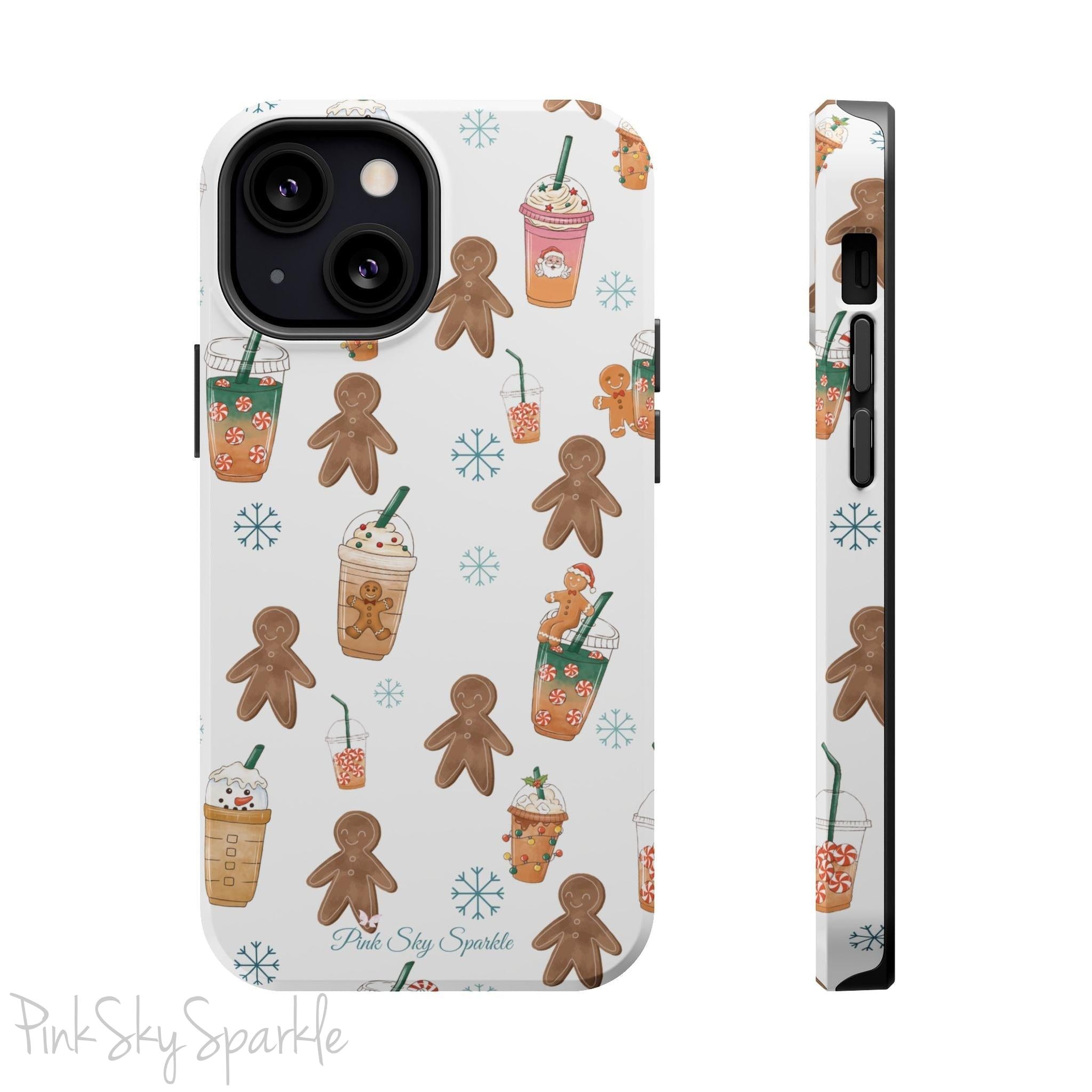 Holiday Sips and Sweets Magnetic iPhone Case featuring gingerbread cookies and festive holiday iced coffees. Compatible with iPhone models 13, 14, 15, and 16, this protective case adds a cozy and whimsical holiday vibe to your device.