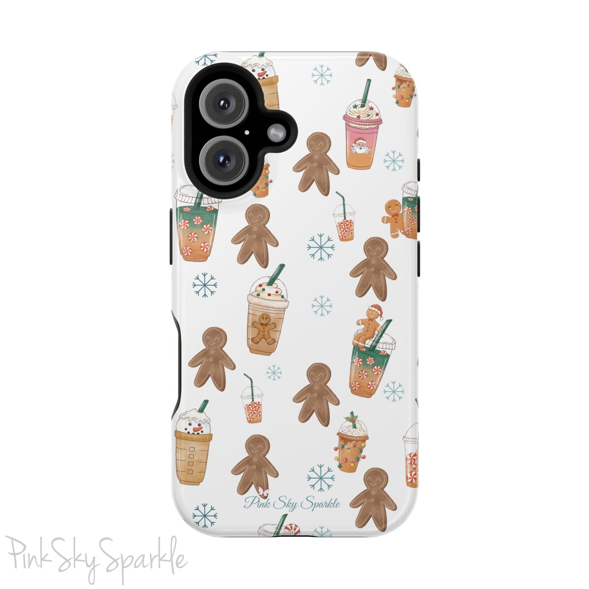 Holiday Sips and Sweets Magnetic iPhone Case featuring gingerbread cookies and festive holiday iced coffees. Compatible with iPhone models 13, 14, 15, and 16, this protective case adds a cozy and whimsical holiday vibe to your device.